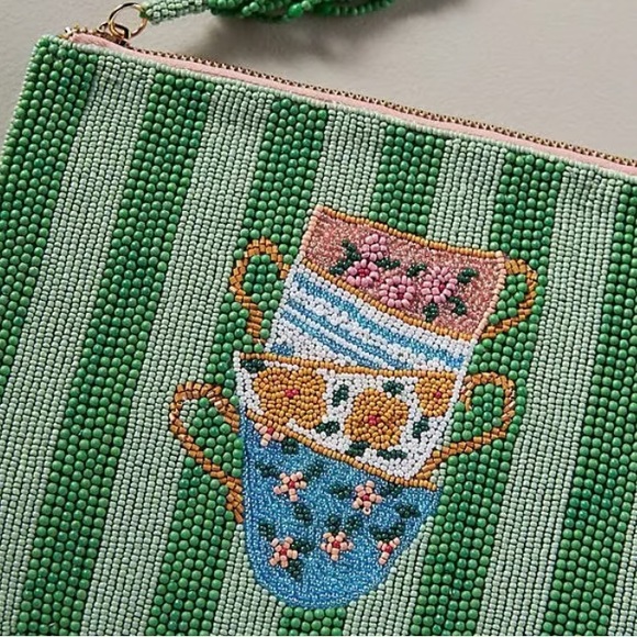 Anthropologie The Fiona Beaded Pouch Tea Cup Large Zip Closure Perfect Host Gift - Picture 6 of 11